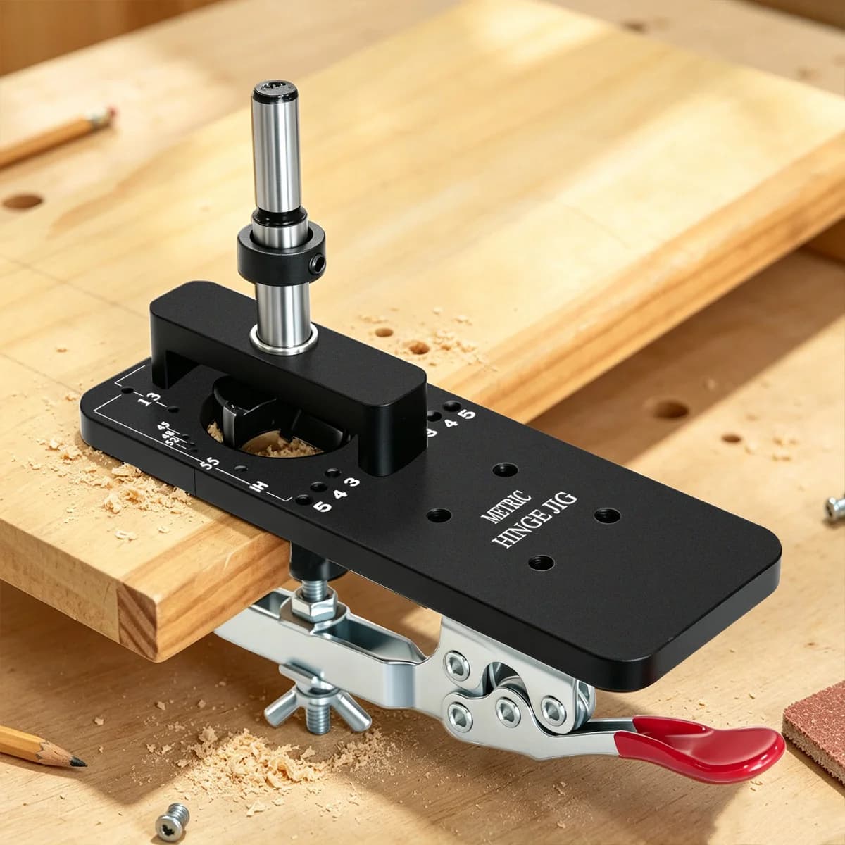 Jig Gerudi Lubang Engsel 35mm dengan Alat Pengapit