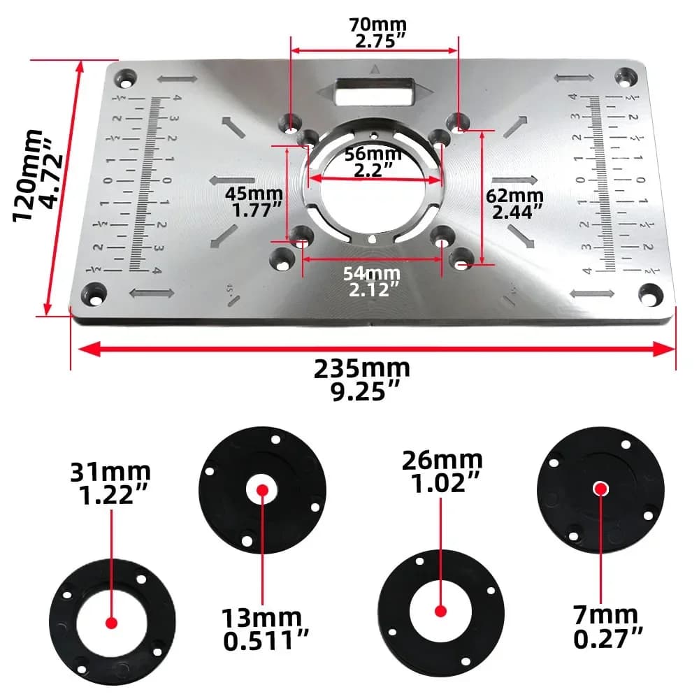 Pelat Sisipan Meja Router Aluminium dengan Cincin untuk Kerja Kayu