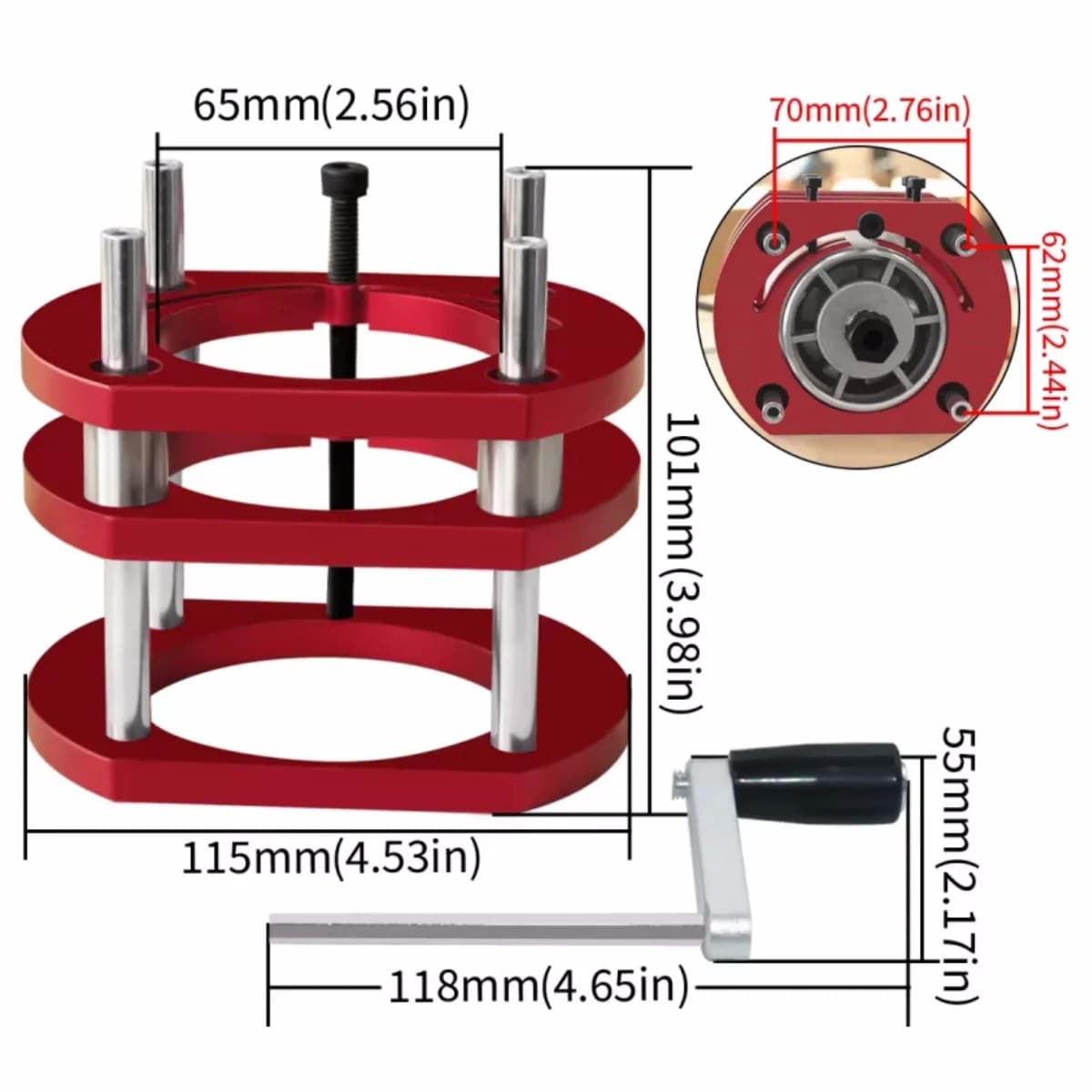 Kit Angkat Plat Sisipan Meja Router Aluminium, 65mm
