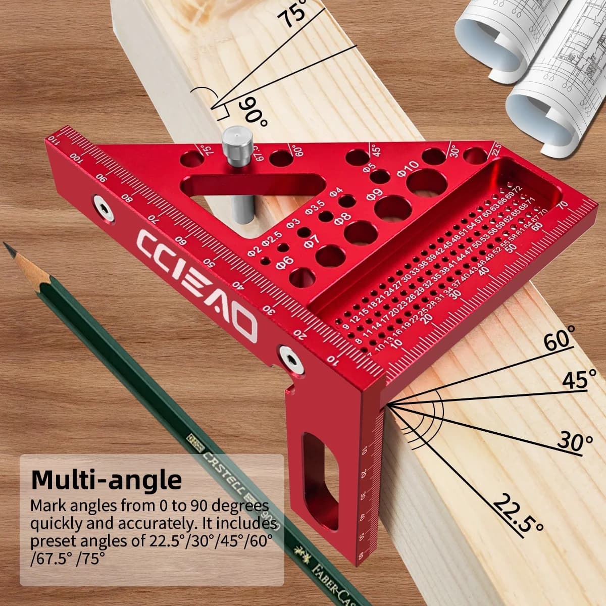 Protractor Segi Empat Multi-Sudut 3D Imperial Aluminium Kerja Kayu