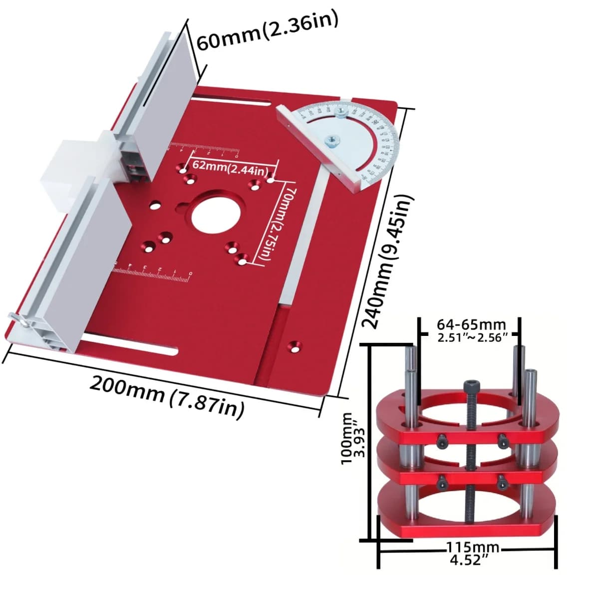 Kit Angkat Router Aluminium dengan Plat Sisipan untuk Motor 65mm