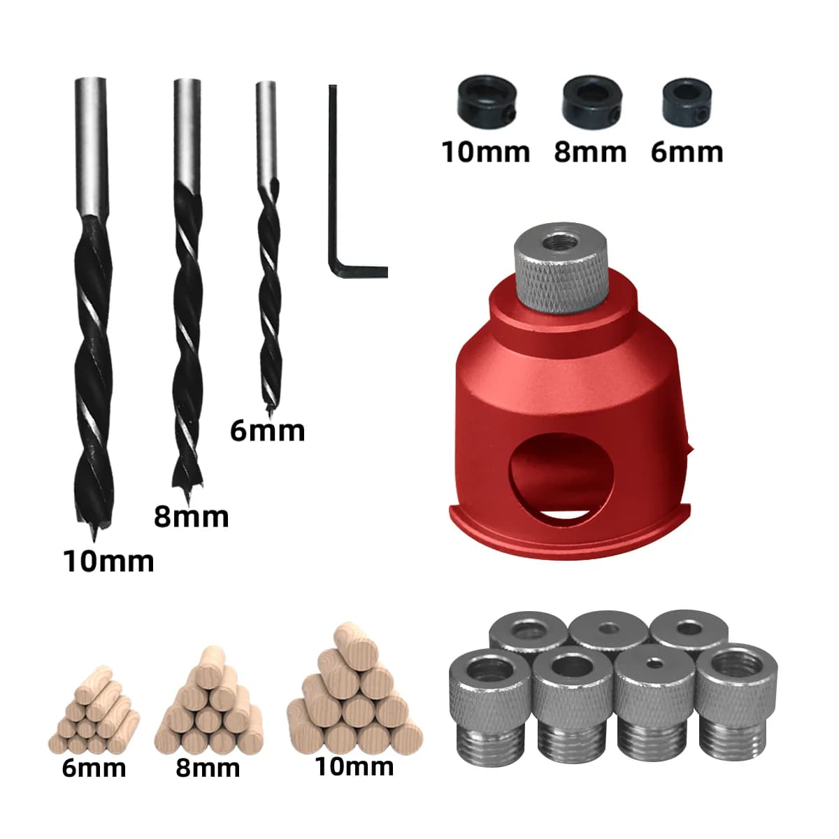 Set Jig Dowel Kerja Kayu, 6/8/10mm dengan Mata Gerudi